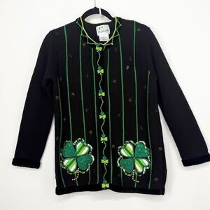The Quacker Factory Black Green St Patrick's Day Clover Bead Sequin Cardigan
